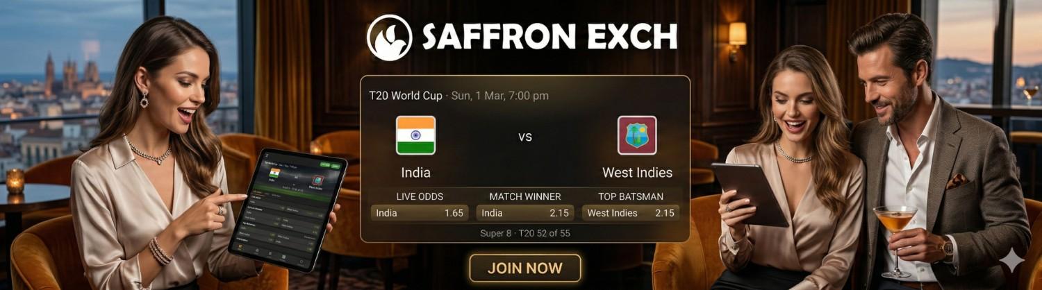 India vs West Indies T20 World Cup Super 8 match betting on Saffron Exchange - Sun, 1 Mar, 7:00 pm