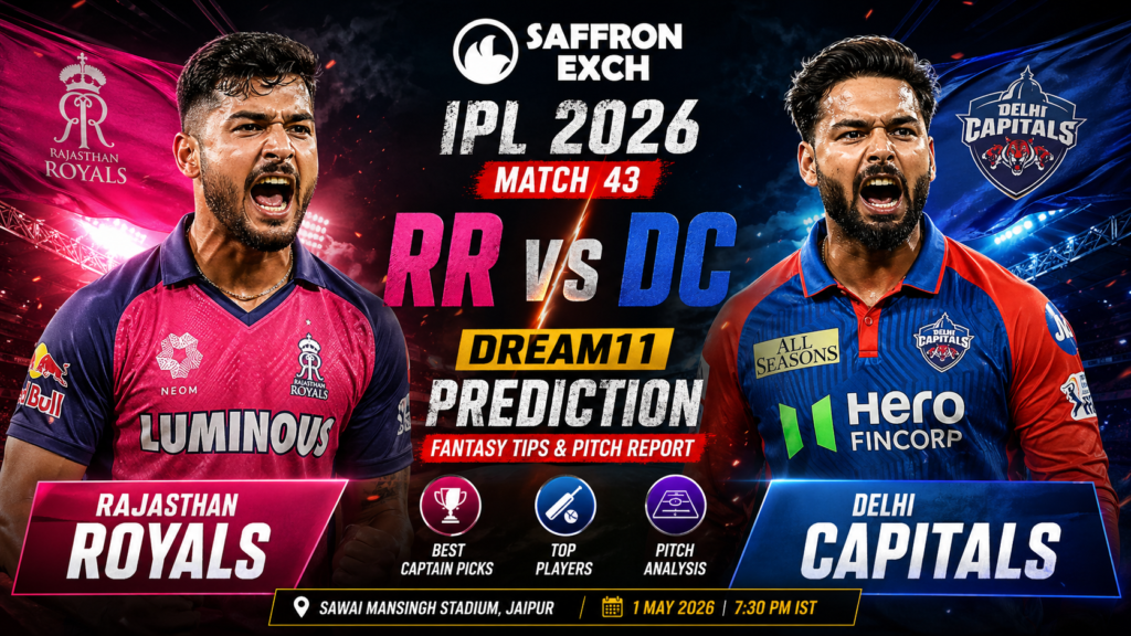 Current image: RR vs DC Dream11 Prediction Today Match 43 IPL 2026 poster with Rajasthan Royals and Delhi Capitals players at Sawai Mansingh Stadium Jaipur featuring fantasy tips and pitch report.