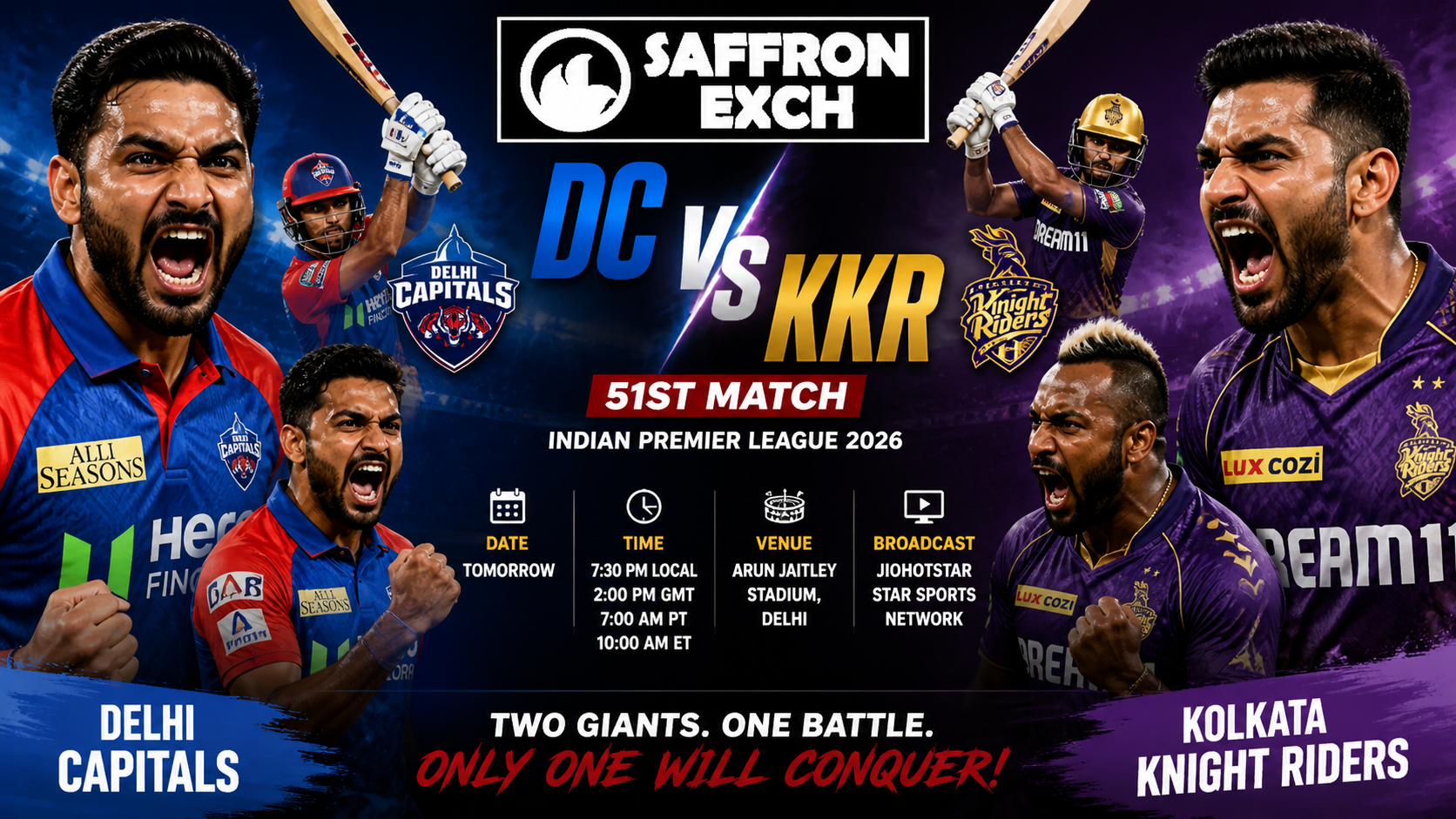 DC vs KKR IPL 2026 match poster featuring aggressive Delhi Capitals and Kolkata Knight Riders players at Arun Jaitley Stadium.