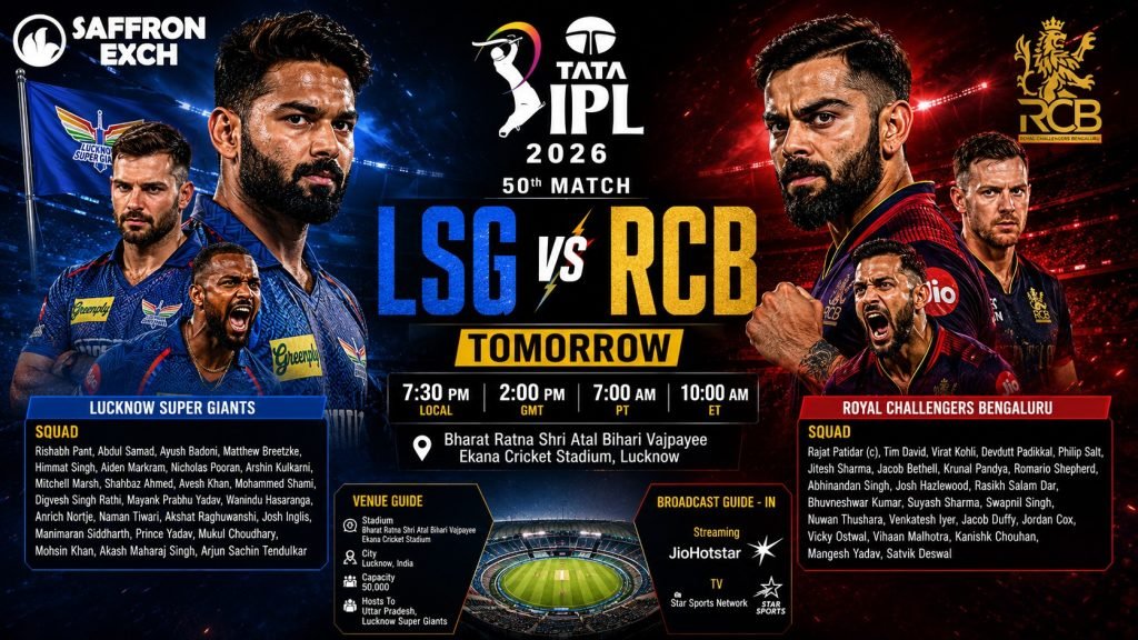LSG vs RCB IPL 2026 match poster with aggressive players, Saffron Exch logo, Ekana Stadium details, squads, and match timing.