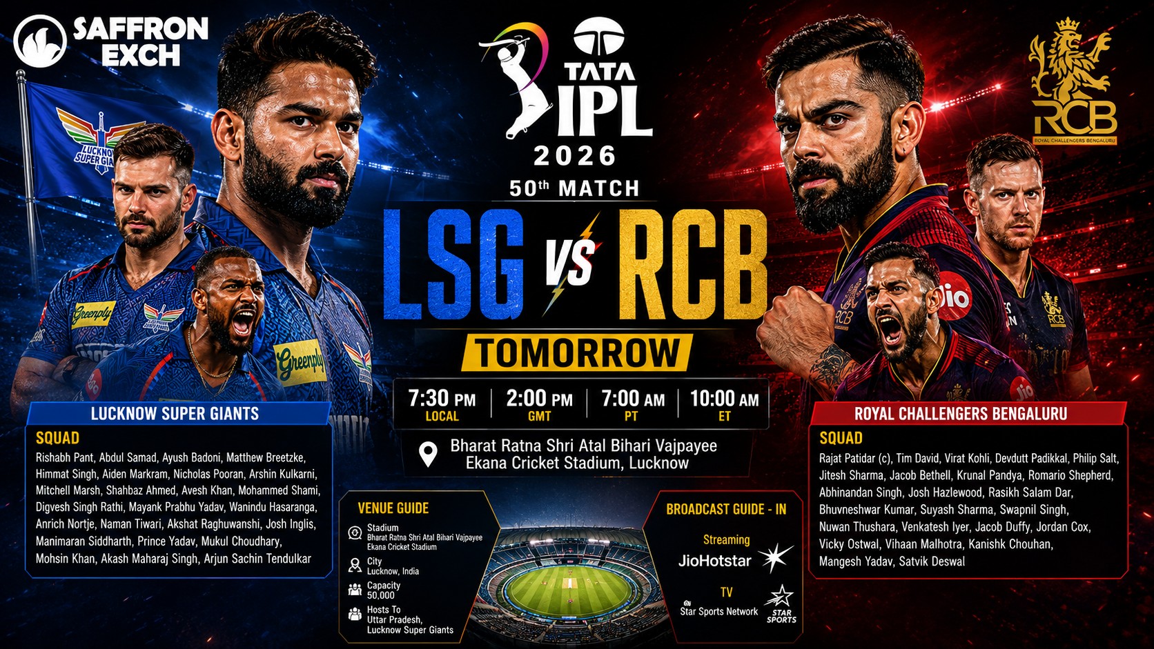 LSG vs RCB IPL 2026 match poster with aggressive players, Saffron Exch logo, Ekana Stadium details, squads, and match timing.