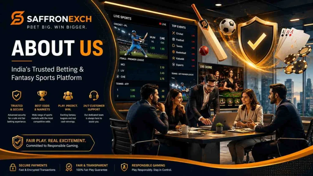 Saffronexch About Us banner with corporate betting office and sports gaming visuals