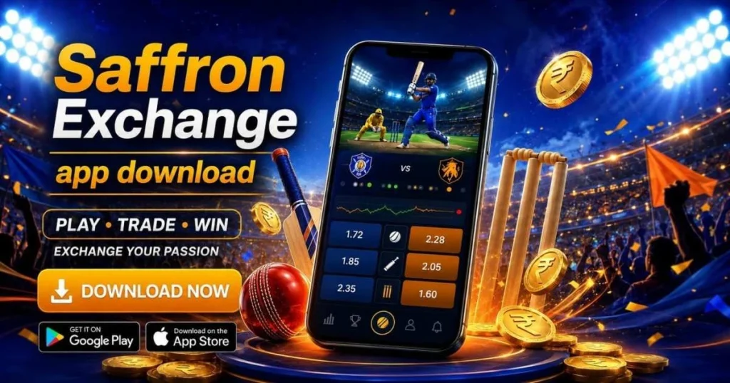 3D smartphone showing IPL betting app with live odds, surrounded by cricket gear, glowing rupee coins, and stadium under lights, with “Saffron Exchange app download” text.