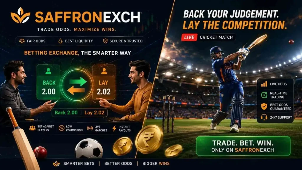 Premium Saffronexch betting exchange banner with live cricket action, back and lay odds interface, and digital trading elements.