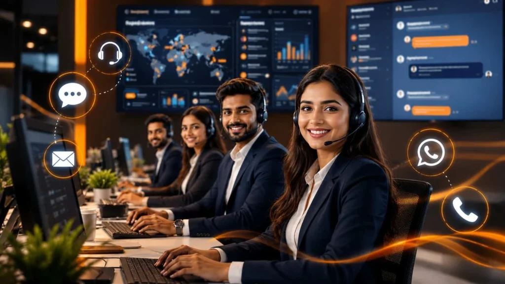 Professional customer support team in modern call center with live chat and communication icons.