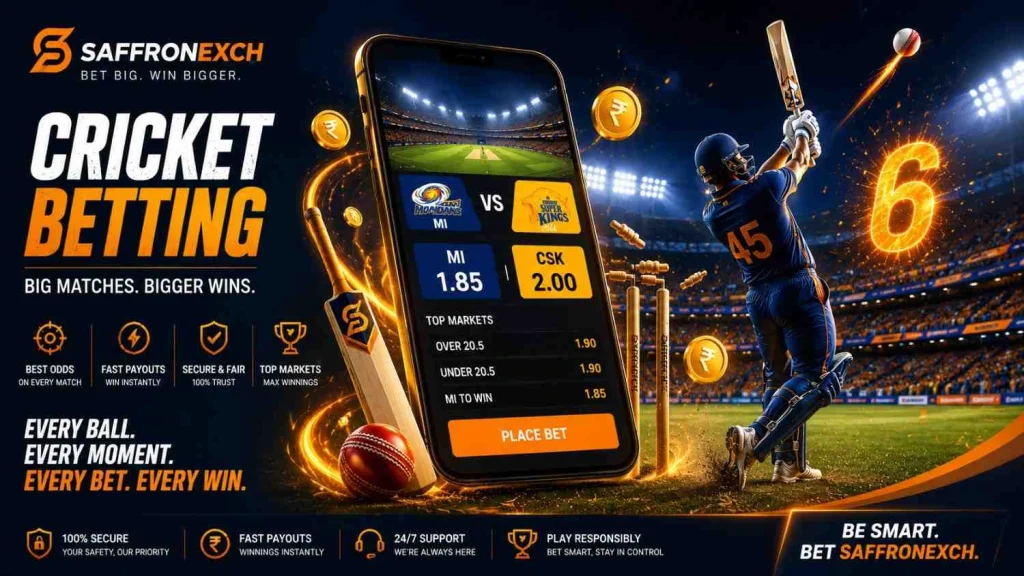 Saffronexch cricket betting banner with batsman, betting app, stadium lights, and glowing odds display