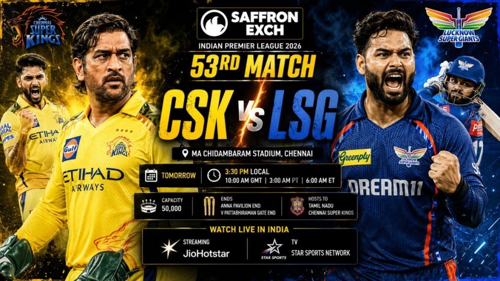 CSK vs LSG IPL 2026 53rd Match aggressive poster featuring MS Dhoni and Rishabh Pant at Chepauk Stadium