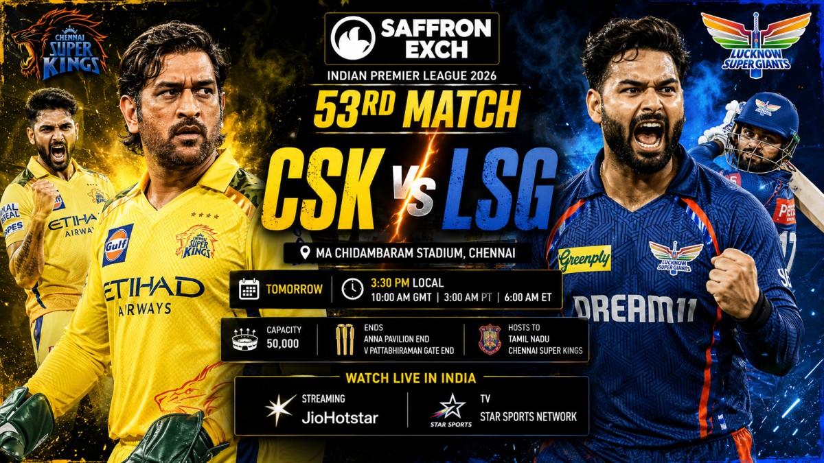 CSK vs LSG IPL 2026 53rd Match aggressive poster featuring MS Dhoni and Rishabh Pant at Chepauk Stadium