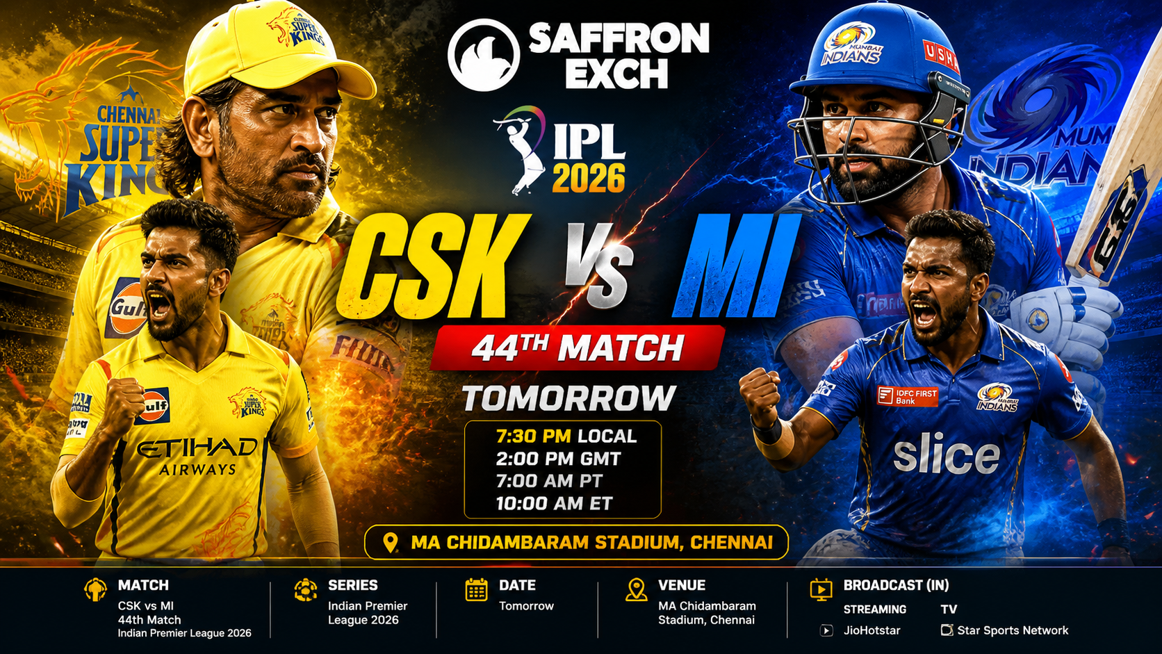 CSK vs MI IPL 2026 Match 44 banner featuring MS Dhoni and Chennai Super Kings in yellow versus Rohit Sharma and Mumbai Indians in blue, aggressive face-off with Saffron Exch logo, match timing and venue MA Chidambaram Stadium, Chennai displayed under dramatic lighting