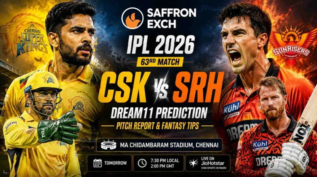 CSK vs SRH Dream11 Prediction IPL 2026 match poster with aggressive Chennai Super Kings and Sunrisers Hyderabad players at MA Chidambaram Stadium Chennai.