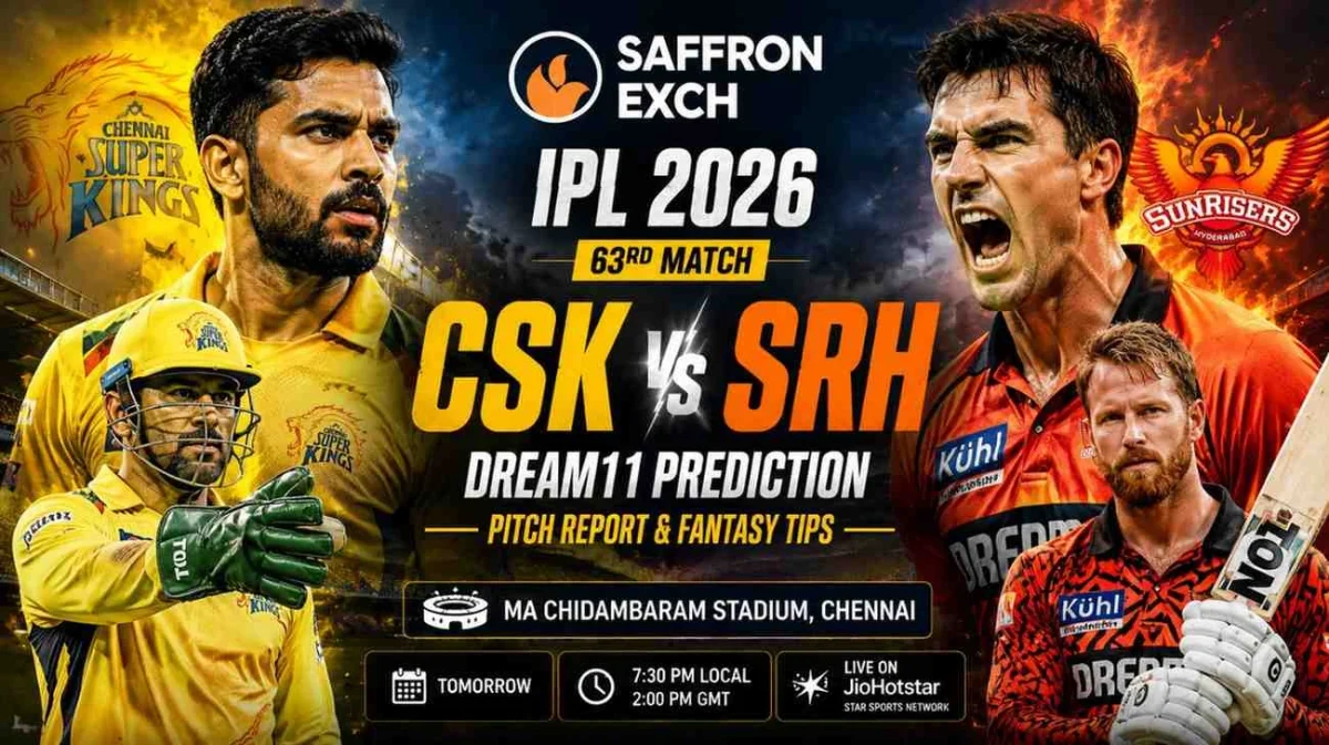 CSK vs SRH Dream11 Prediction IPL 2026 match poster with aggressive Chennai Super Kings and Sunrisers Hyderabad players at MA Chidambaram Stadium Chennai.