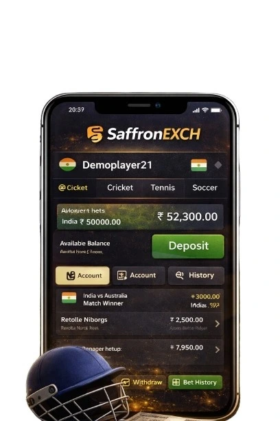 “Saffron Exchange login dashboard showing account balance, active bets, betting history and secure user account features”