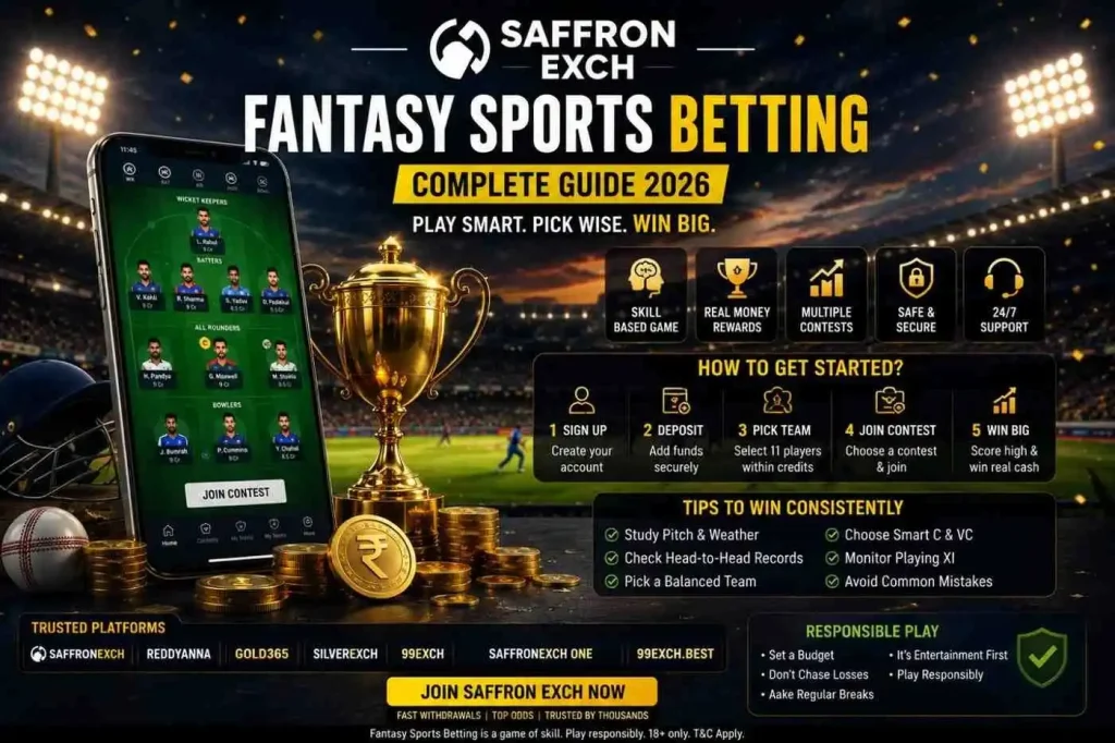 Fantasy sports betting guide 2026 with cricket fantasy app, trophy, stadium lights, and Saffron Exch branding.