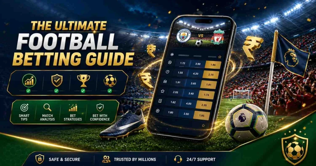 Football betting banner with stadium crowd, glowing smartphone showing MCI vs LIV odds, and floating football and rupee icons.