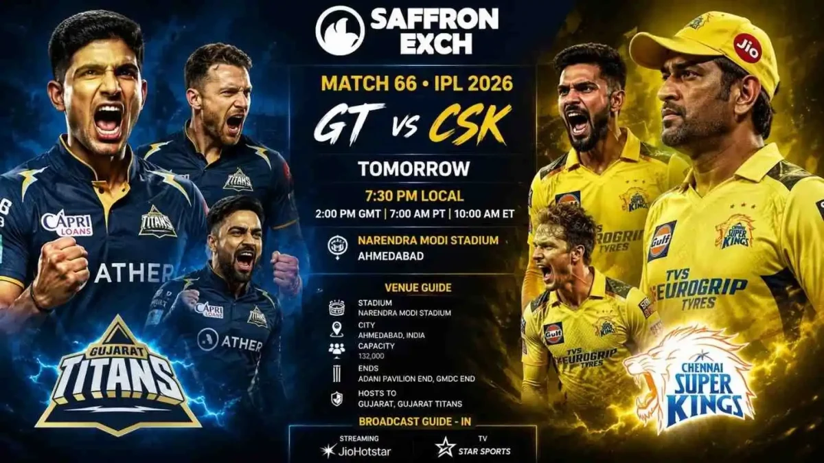 GT vs CSK IPL 2026 match poster featuring aggressive Gujarat Titans and Chennai Super Kings players with Saffron Exch branding at Narendra Modi Stadium Ahmedabad.