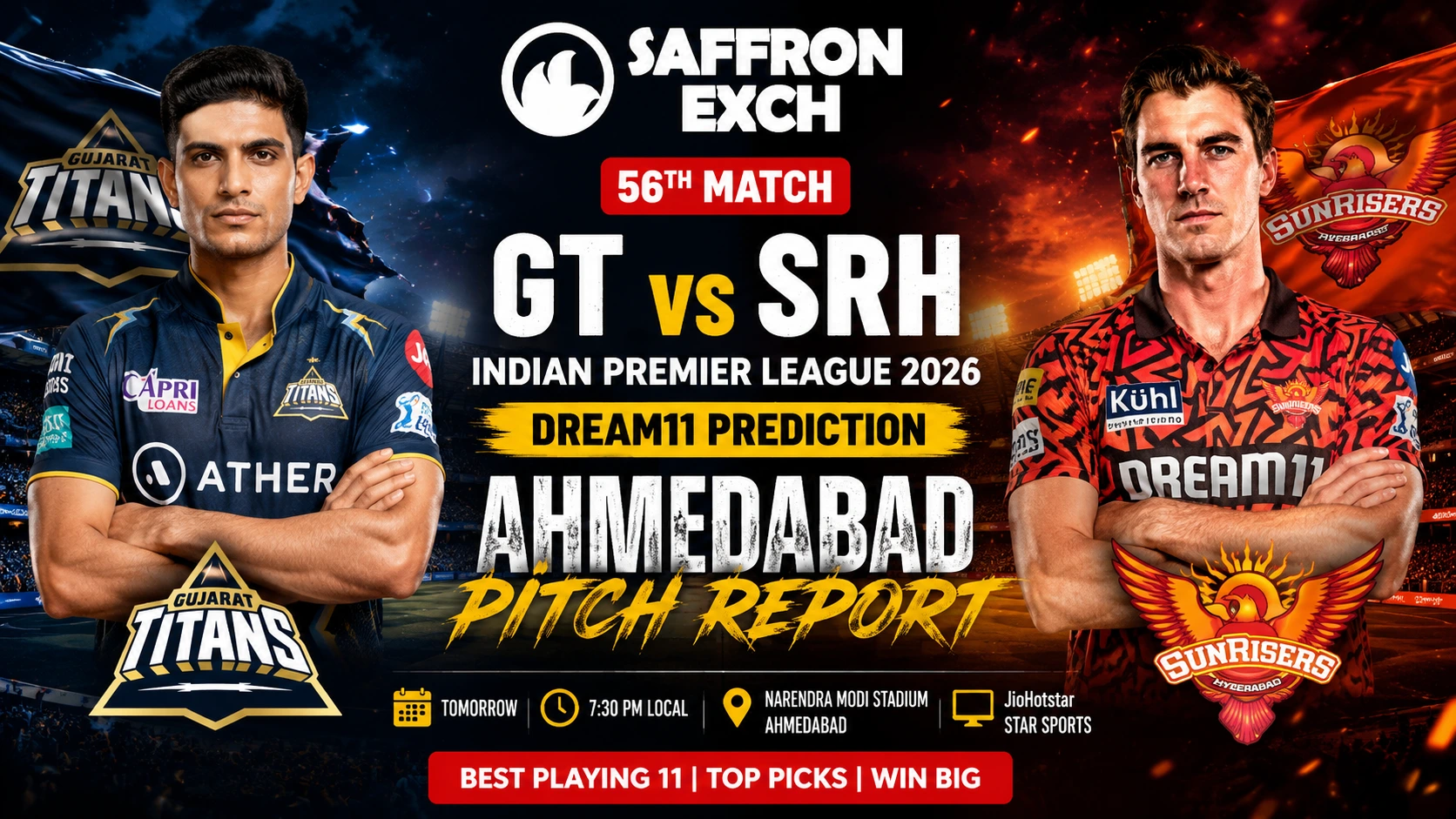 GT vs SRH Dream11 Prediction 56th Match IPL 2026 banner featuring Shubman Gill and Pat Cummins at Narendra Modi Stadium Ahmedabad.