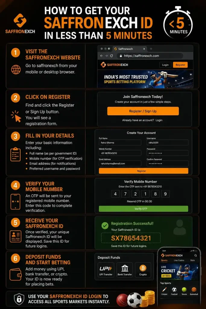 Infographic showing a 6-step guide to creating a Saffronexch ID, including registration, OTP verification, account setup, and depositing funds.