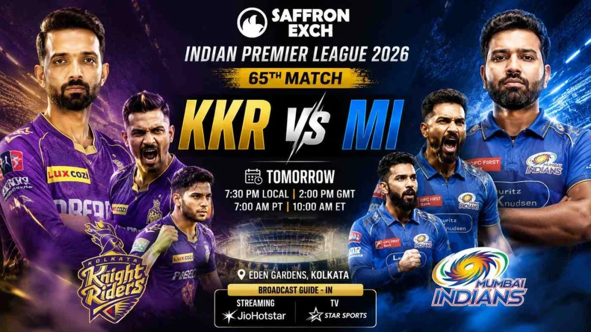KKR vs MI IPL 2026 match poster with aggressive cricketers at Eden Gardens by Saffron Exch