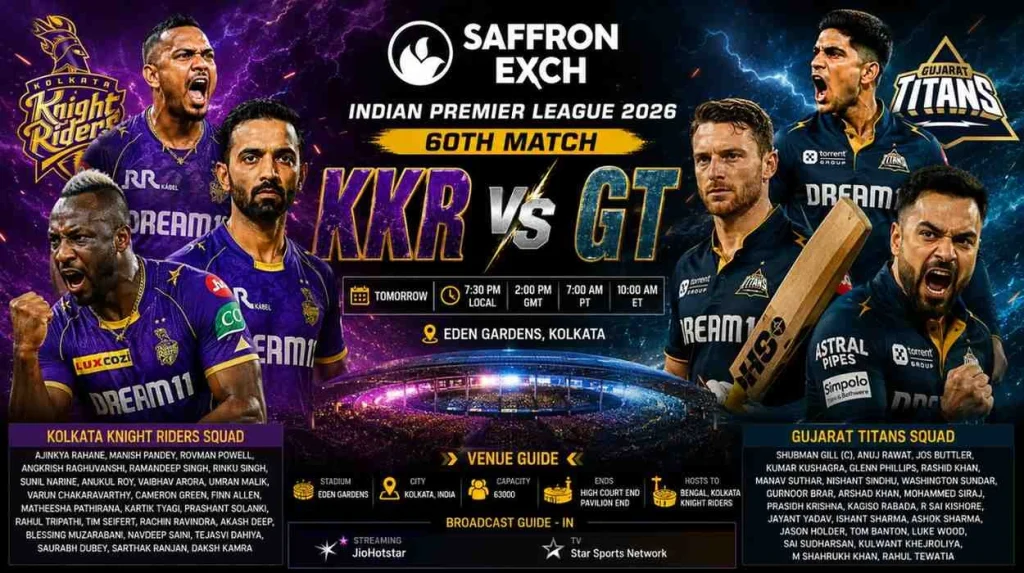 KKR vs GT IPL 2026 match banner at Eden Gardens featuring aggressive cricketers, Saffronexch branding, and full match details.