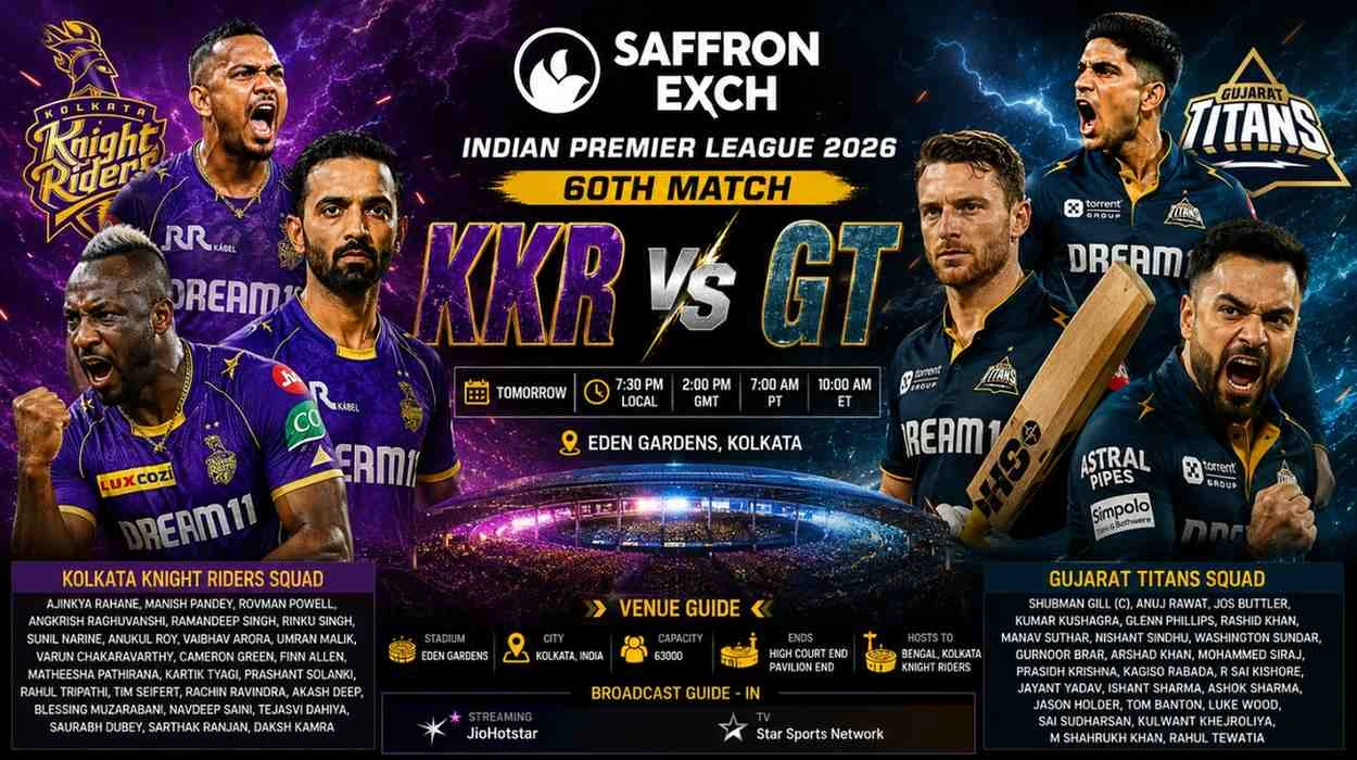 KKR vs GT IPL 2026 match banner at Eden Gardens featuring aggressive cricketers, Saffronexch branding, and full match details.