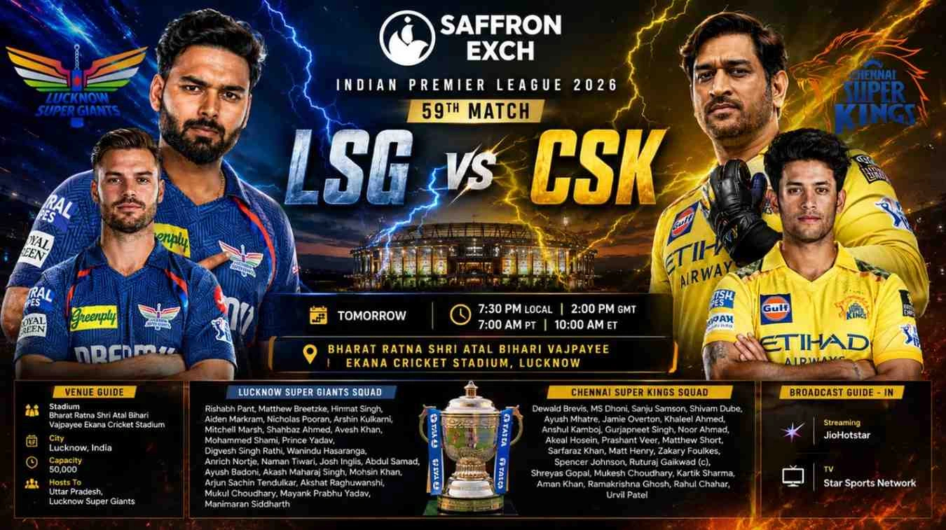 LSG vs CSK IPL 2026 match poster featuring Rishabh Pant and MS Dhoni with aggressive stadium background and Saffron Exch branding.