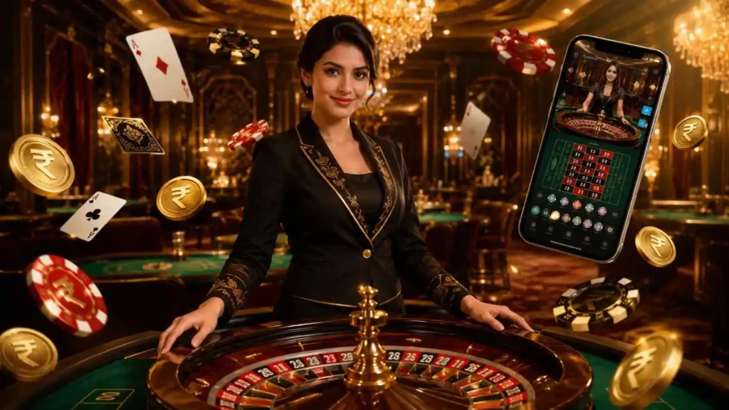Luxury casino scene with a roulette table, professional dealer, floating chips and cards, and a smartphone showing a live casino interface under golden chandeliers.