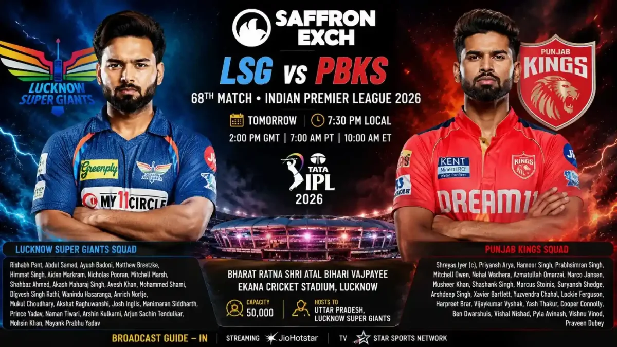 LSG vs PBKS IPL 2026 match poster with aggressive cricketers and Saffron Exch logo