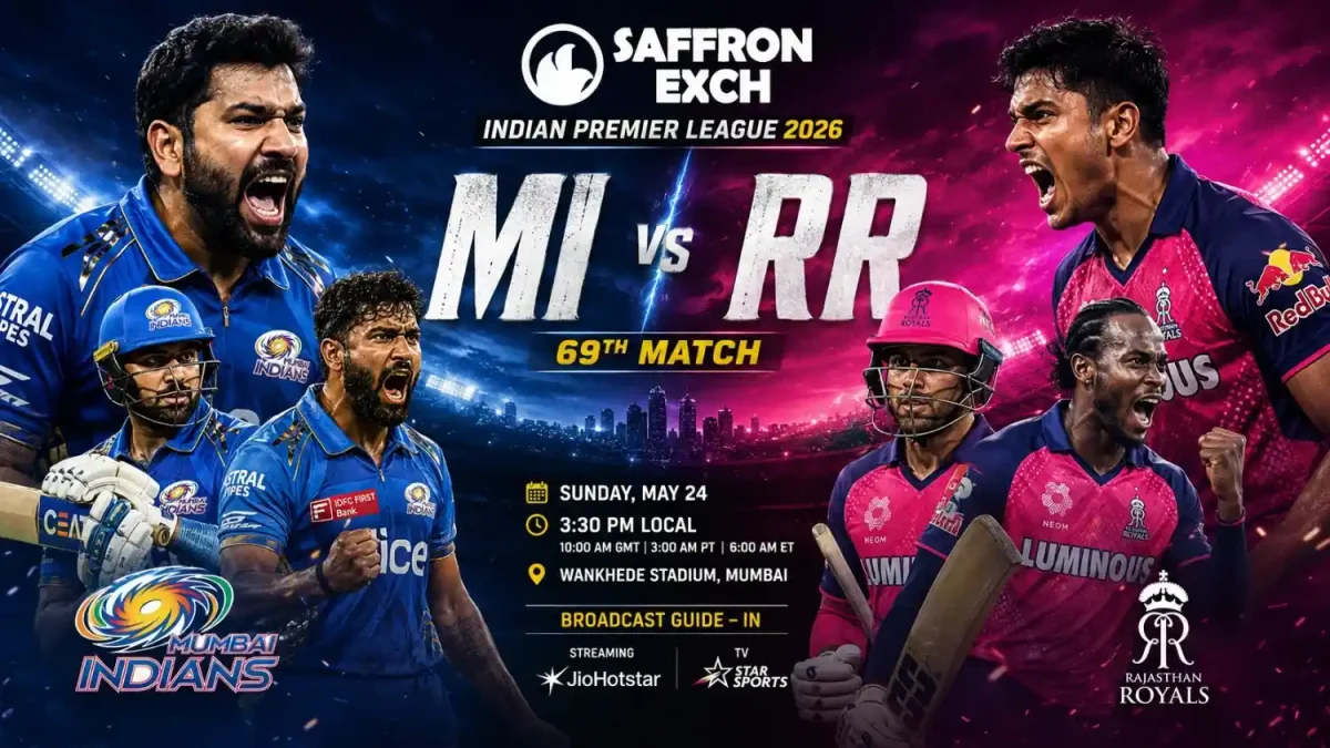MI vs RR IPL 2026 Match Poster – Mumbai Indians vs Rajasthan Royals at Wankhede Stadium with aggressive cricket players and Saffron Exch branding.