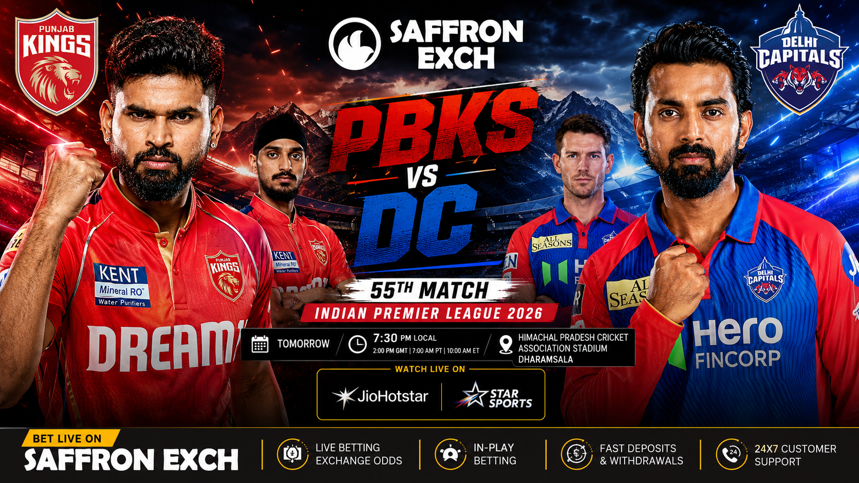 PBKS vs DC IPL 2026 match poster featuring Shreyas Iyer and KL Rahul with Saffron Exch branding at Dharamsala Stadium.