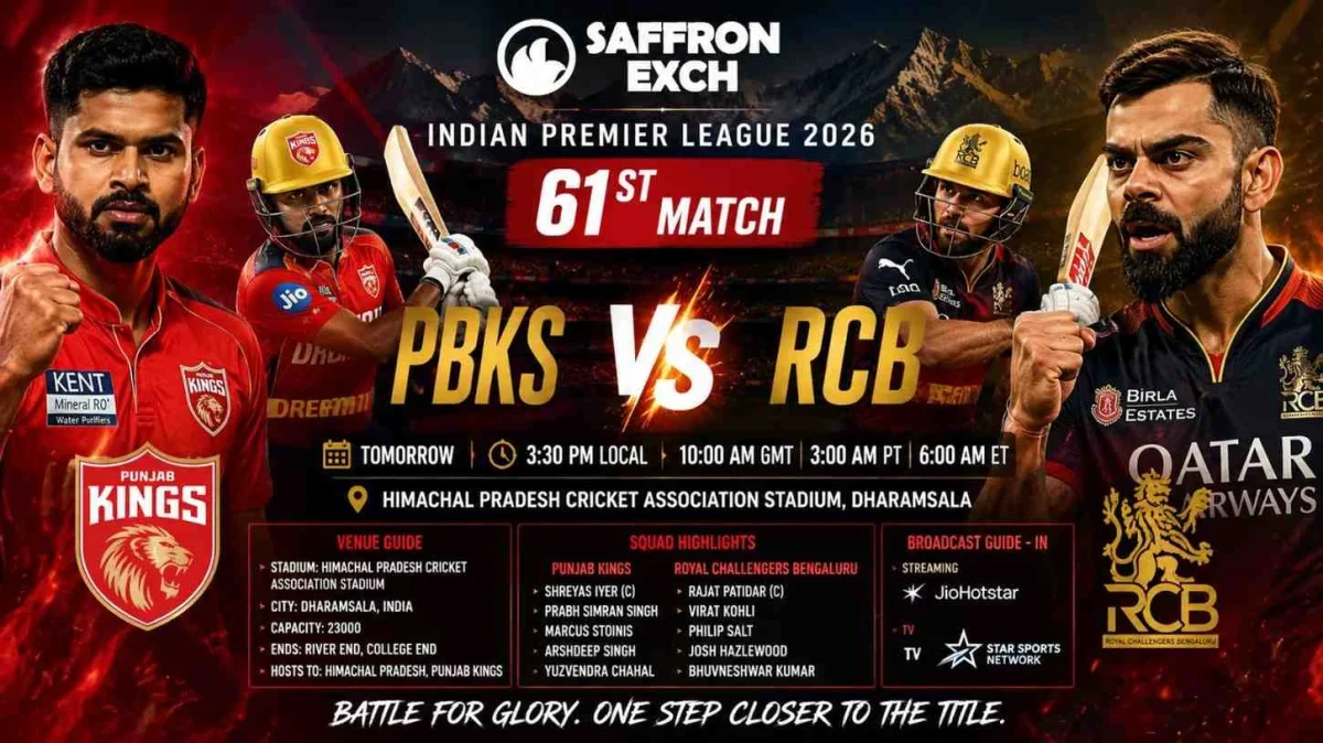 PBKS vs RCB IPL 2026 match poster featuring Virat Kohli and Shreyas Iyer in an aggressive face-off at Dharamsala Stadium with Saffron Exch branding and match details.