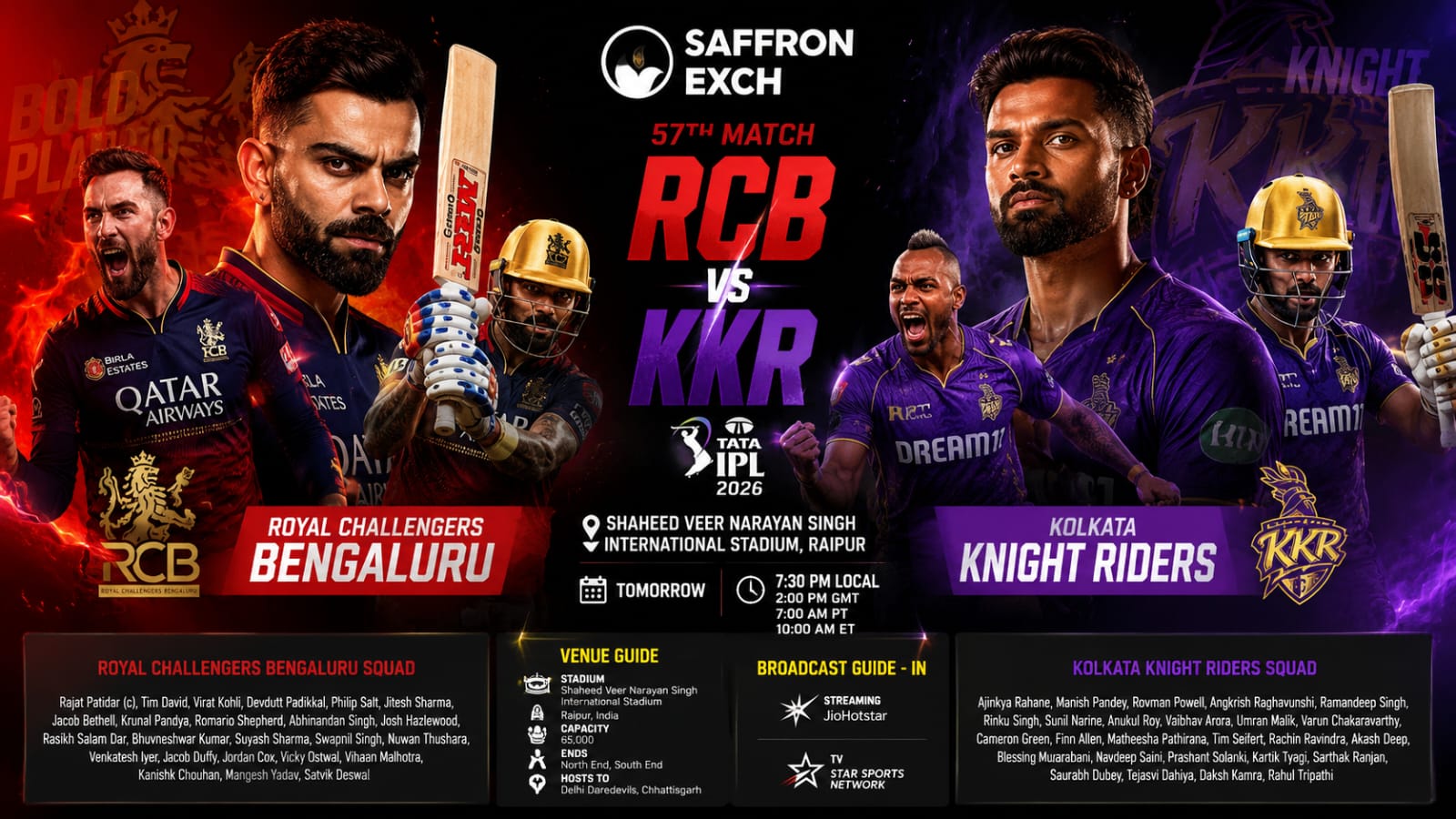 Aggressive IPL 2026 match poster featuring RCB vs KKR with Virat Kohli and KKR stars in intense action poses, fiery red and purple stadium background, Saffron Exch logo, match details, venue at Shaheed Veer Narayan Singh International Stadium Raipur, and broadcast information in cinematic sports style.