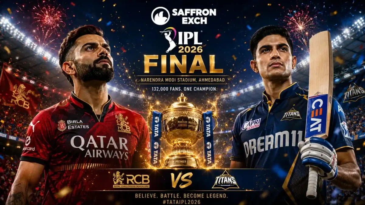 IPL 2026 Final banner featuring Virat Kohli, Shubman Gill, glowing IPL trophy, fireworks, and Saffron Exch logo at Narendra Modi Stadium.