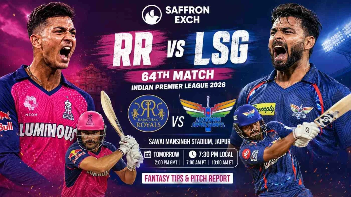 RR vs LSG IPL 2026 match poster featuring aggressive Rajasthan Royals and Lucknow Super Giants cricketers at Sawai Mansingh Stadium Jaipur with fantasy tips and pitch report branding by SaffronExch.