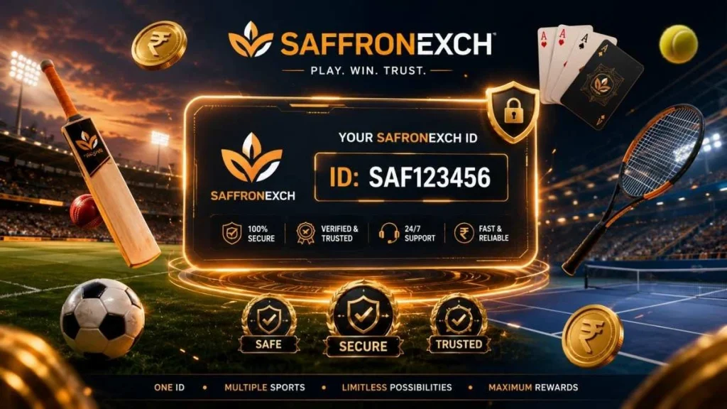 Premium Saffronexch ID banner with glowing digital card, sports stadium background, and secure gaming elements.