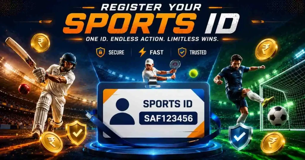 Sports ID registration banner with cricket, football, and tennis players, glowing ID card, rupee coins, and secure verification icons.