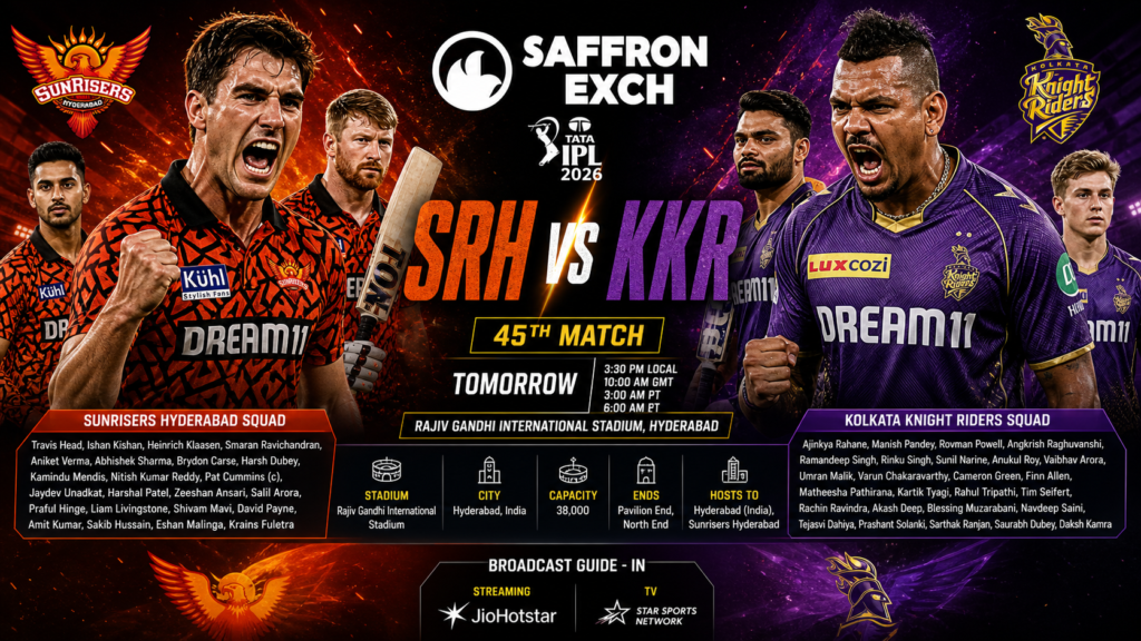 SRH vs KKR IPL 2026 Match 45 poster featuring Sunrisers Hyderabad and Kolkata Knight Riders players in an aggressive design with Saffron Exch logo, match details, squads, and venue information.
