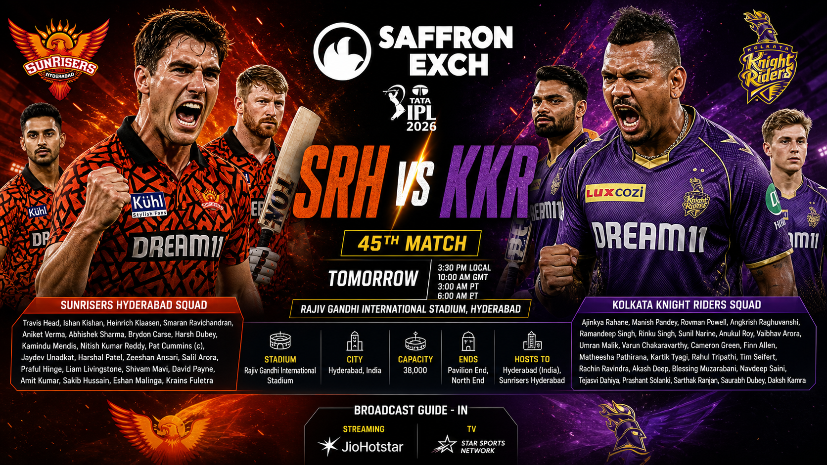 SRH vs KKR IPL 2026 Match 45 poster featuring Sunrisers Hyderabad and Kolkata Knight Riders players in an aggressive design with Saffron Exch logo, match details, squads, and venue information.