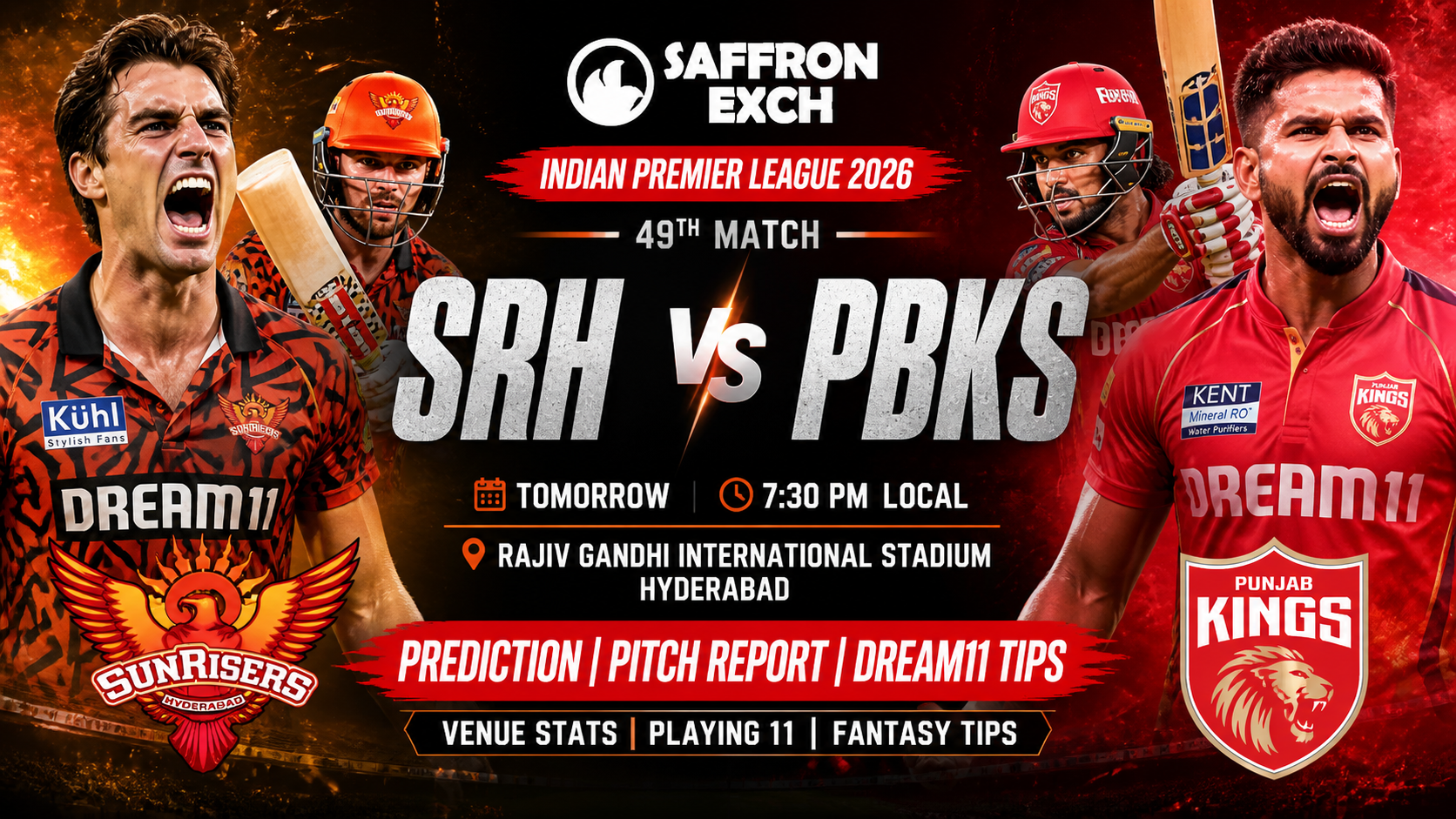 SRH vs PBKS IPL 2026 Match 49 poster featuring Sunrisers Hyderabad and Punjab Kings players with aggressive design at Rajiv Gandhi International Stadium Hyderabad