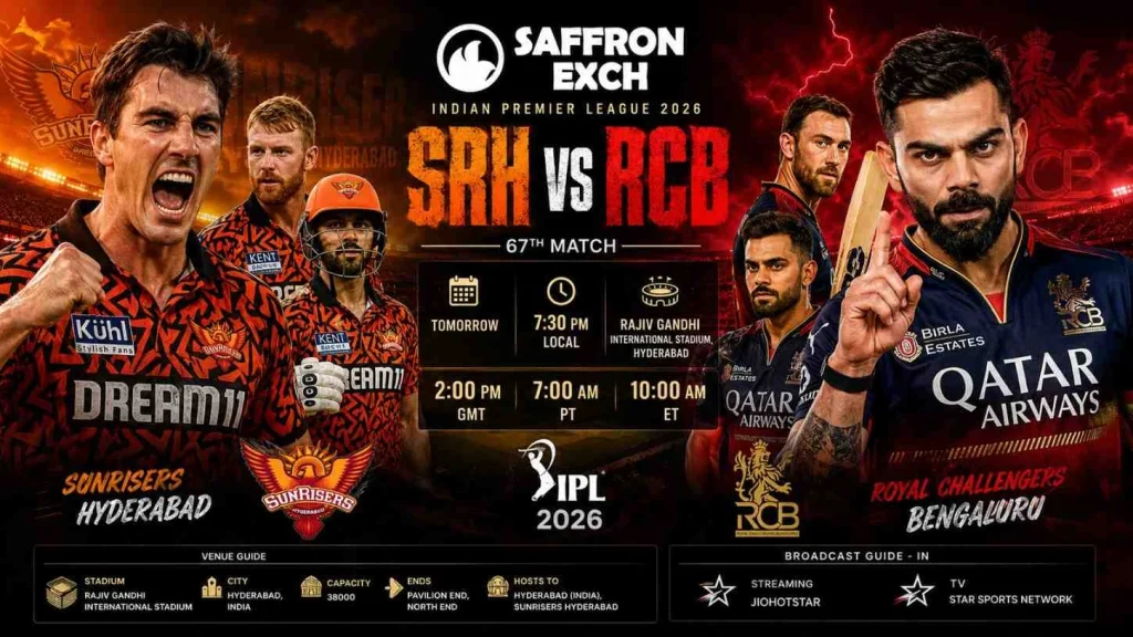 SRH vs RCB IPL 2026 aggressive match poster with Virat Kohli and Pat Cummins at Rajiv Gandhi International Stadium Hyderabad.