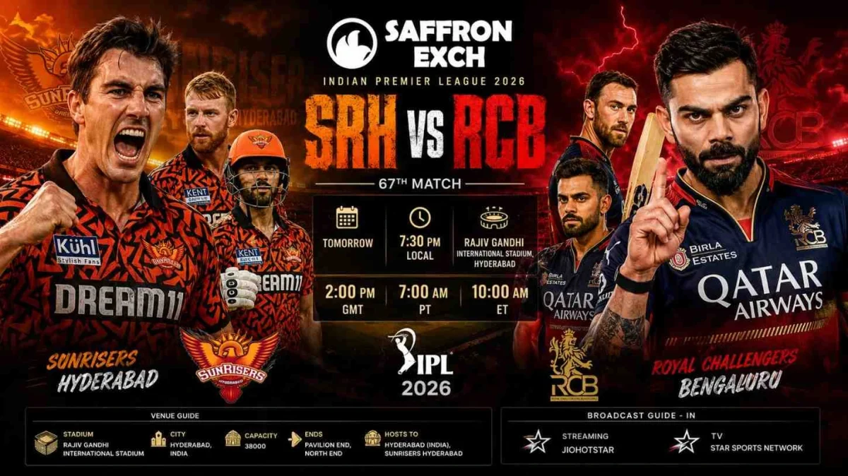 SRH vs RCB IPL 2026 aggressive match poster with Virat Kohli and Pat Cummins at Rajiv Gandhi International Stadium Hyderabad.