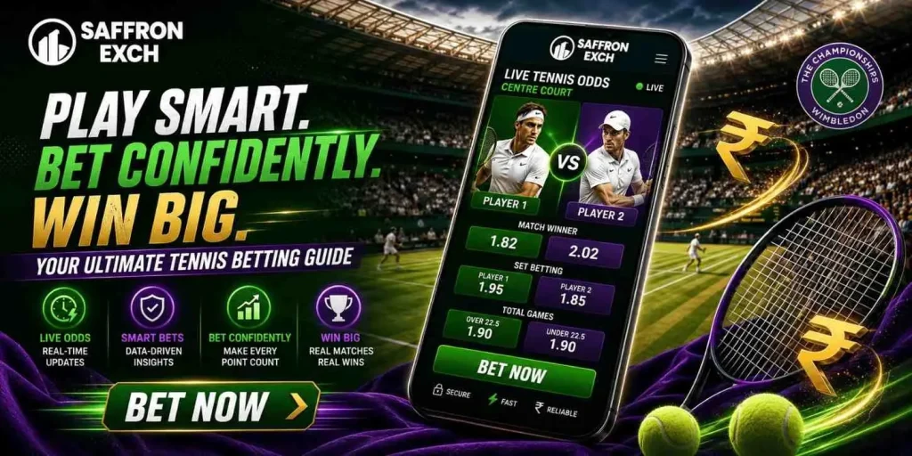 Saffron Exch tennis betting banner with stadium background, smartphone showing live odds, and tennis-themed graphics with rupee symbols.