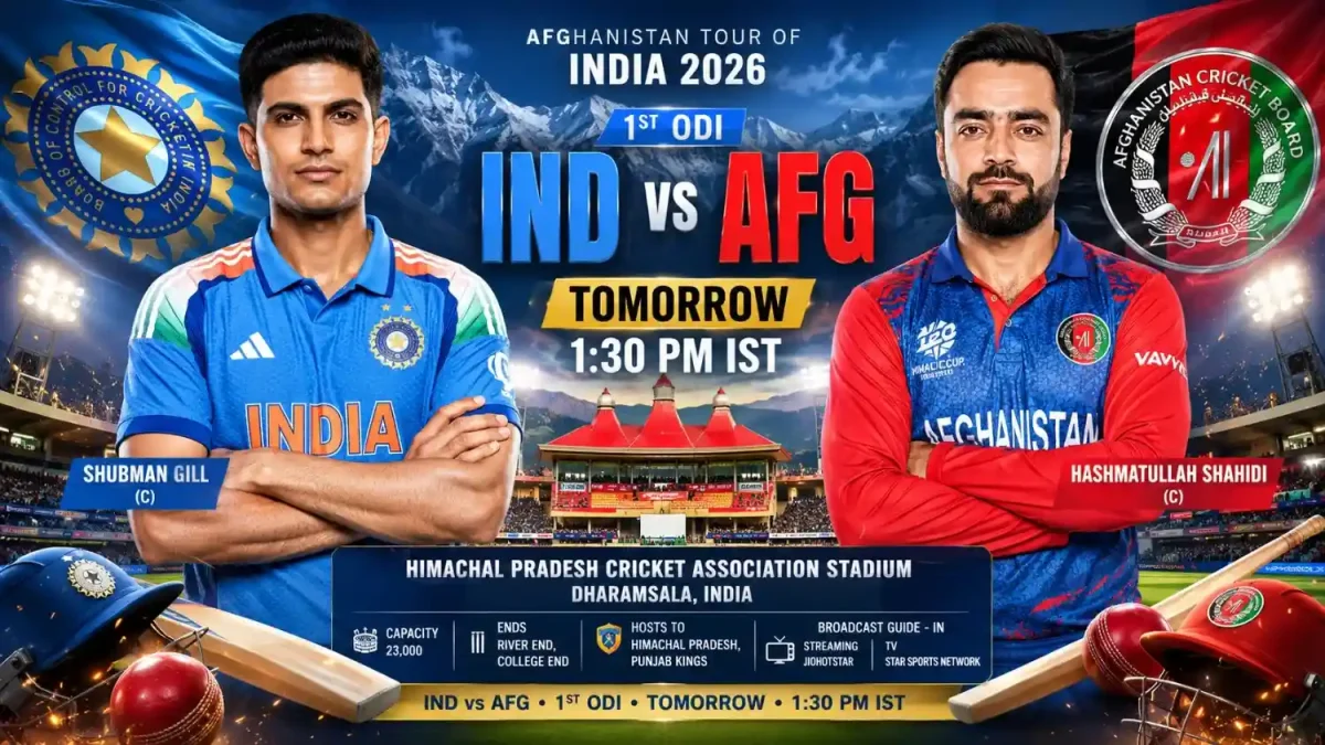 "Saffrontexch IND vs AFG 1st ODI 2026 match poster featuring Shubman Gill and Hashmatullah Shahidi at Dharamsala Stadium."