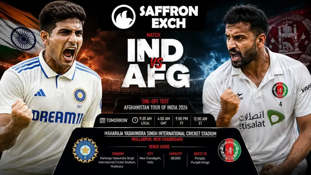 India vs Afghanistan Test Match 2026 promotional banner with aggressive cricketers, stadium background, and Saffron Exch branding.