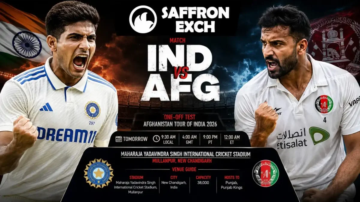 India vs Afghanistan Test Match 2026 promotional banner with aggressive cricketers, stadium background, and Saffron Exch branding.